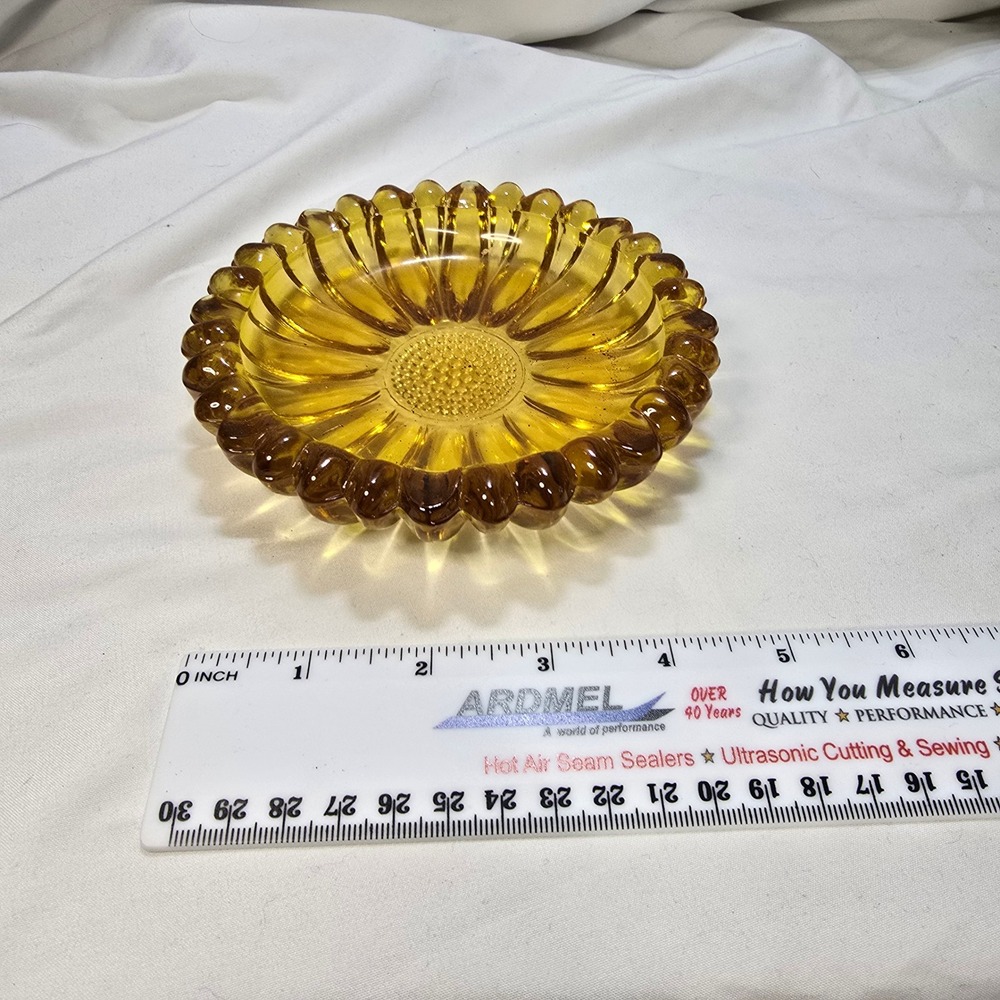Vintage Amber Glass Sunflower Ashtray Trinket Dish Mid Century Scalloped Petal - Picture 6 of 10